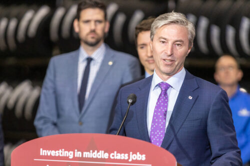 Nova Scotia Premier Tim Houston makes a funding announcement at the Michelin tire plant in Bridgewater, N.S. on March 14, 2023. Riley Smith/The Canadian Press.