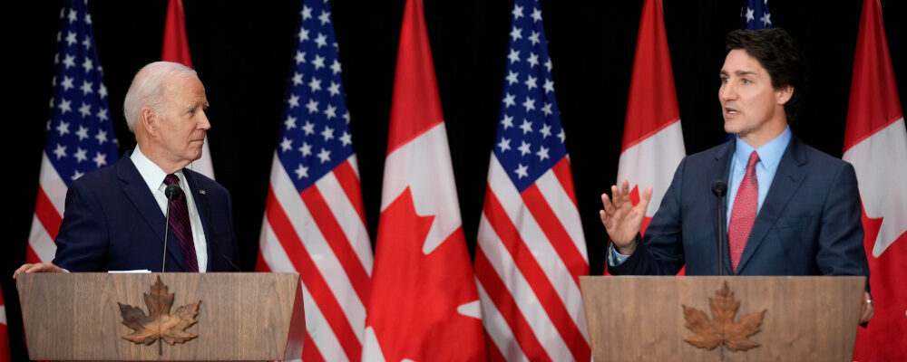 President Joe Biden listens as Canadian Prime Minister Justin Trudeau speaks during a news conference Friday, March 24, 2023, in Ottawa, Canada. Andrew Harnik/AP Photo. 