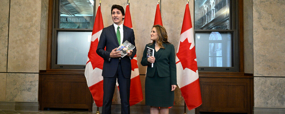 Prime Minister Justin Trudeau and Deputy Prime Minister and Minister of Finance Chrystia Freeland participate in a photo op before the tabling of the Federal Budget in the in the House of Commons on Parliament Hill in Ottawa, on Tuesday, March 28, 2023. Justin Tang/The Canadian Press. 