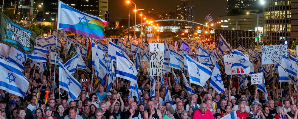 Israelis protest against plans by Prime Minister Benjamin Netanyahu's government to overhaul the judicial system, in Tel Aviv, Israel, Saturday, Aug 12, 2023. Ohad Zwigenberg/AP Photo. 