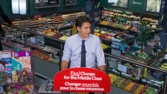 Liberal Leader Justin Trudeau delivers remarks during a campaign event at a grocery store Friday, October 9, 2015 in Toronto. Paul Chiasson/The Canadian Press. 
