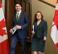 Prime Minister Justin Trudeau and Deputy Prime Minister and Minister of Finance Chrystia Freeland arrive to deliver the federal budget in the House of Commons on Parliament Hill in Ottawa, Tuesday, March 28, 2023. Justin Tang/The Canadian Press. 
