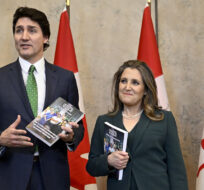 Prime Minister Justin Trudeau and Minister of Finance Chrystia Freeland arrive to deliver the federal budget on March 28, 2023. Justin Tang/The Canadian Press.