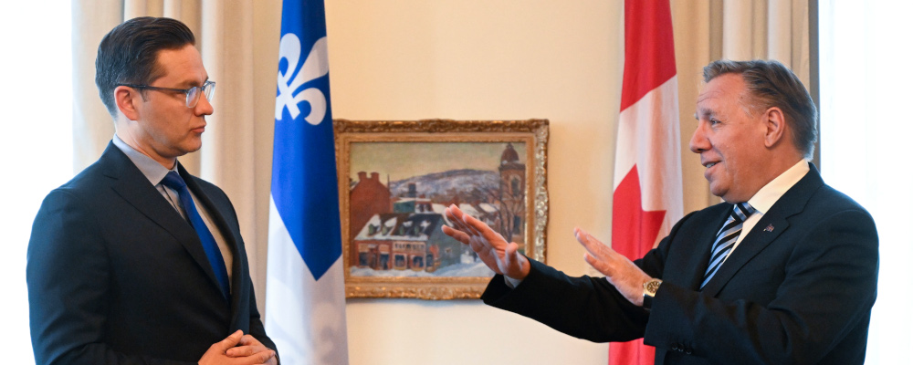 Conservative Leader Pierre Poilievre, left, meets Quebec Premier Francois Legault, Tuesday, May 23, 2023 at the premier’s office in Quebec City. Jacques Boissinot/The Canadian Press. 