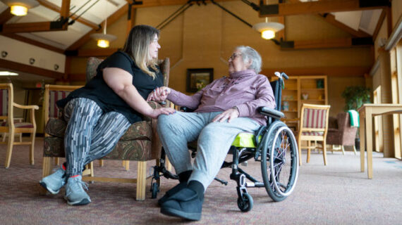 Sheri Levergood spends time with her mother, Janet Levergood at a long-term care residence where Janet now lives in Waterloo, Ont. on Tuesday, April 4, 2023. Peter Power/The Canadian Press. 