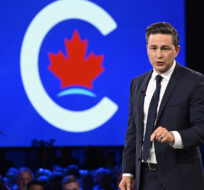Conservative Leader Pierre Poilievre speaks to delegates at the Conservative Party Convention on September 8, 2023 in Quebec City. Jacques Boissinot/The Canadian Press.