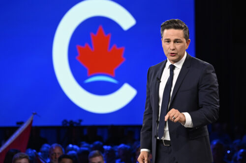 Conservative Leader Pierre Poilievre speaks to delegates at the Conservative Party Convention on September 8, 2023 in Quebec City. Jacques Boissinot/The Canadian Press.
