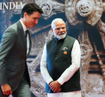 Prime Minister Justin Trudeau is officially welcomed to the G20 Summit by Indian Prime Minister Narendra Modi in New Delhi, India on Saturday, Sept. 9, 2023. Sean Kilpatrick/The Canadian Press.