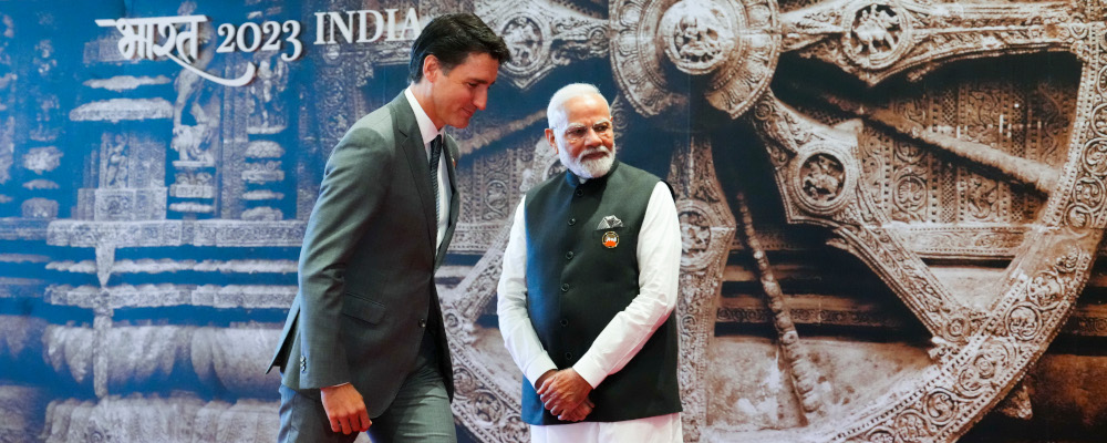Prime Minister Justin Trudeau is officially welcomed to the G20 Summit by Indian Prime Minister Narendra Modi in New Delhi, India on Saturday, Sept. 9, 2023. Sean Kilpatrick/The Canadian Press.