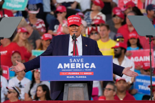 Former President Donald Trump speaks at a campaign rally in support of the campaign of Sen. Marco Rubio, R-Fla., at the Miami-Dade County Fair and Exposition on Sunday, Nov. 6, 2022, in Miami. Rebecca Blackwell/AP Photo. 