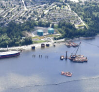 A aerial view of Kinder Morgan's Trans Mountain marine terminal in Burnaby. Jonathan Hayward/The Canadian Press.