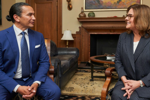 Manitoba Premier-Elect Wab Kinew, left, meets with outgoing Manitoba Premier Heather Stefanson in the Premier's office in Winnipeg, Thursday, Oct. 5, 2023. David Lipnowski/The Canadian Press. 