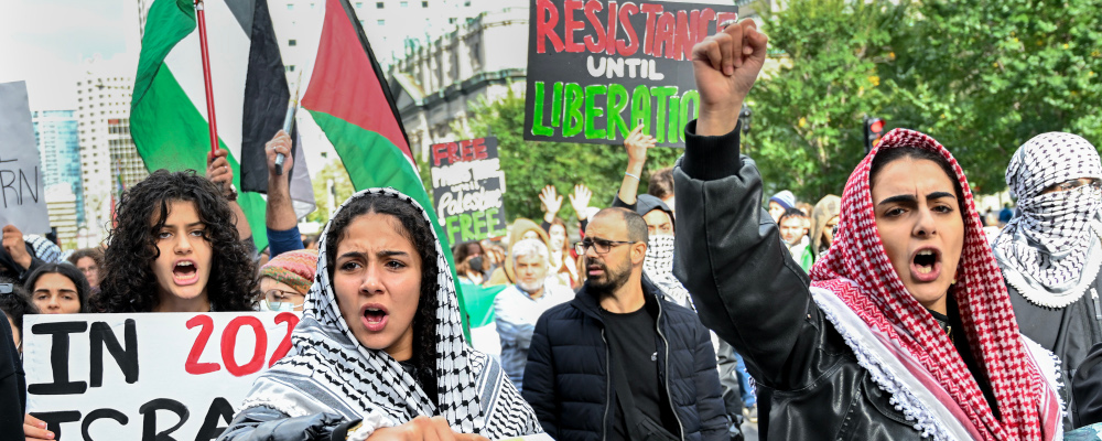 People take part in a protest for Palestine in Montreal, Sunday, October 8, 2023. Graham Hughes/The Canadian Press. 