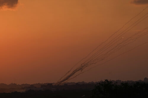 Rockets are fired toward Israel from the Gaza Strip, as seen from southern Israel on Oct. 15, 2023. Ariel Schalit/AP Photo.
