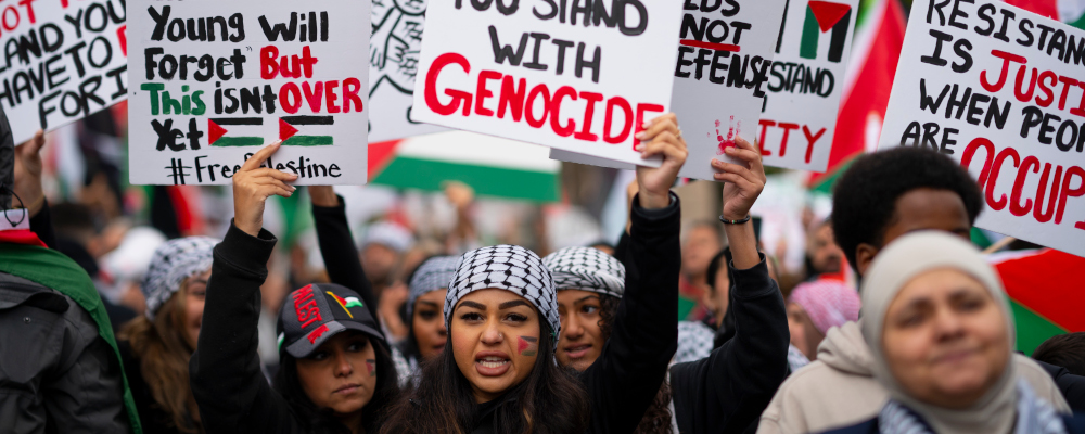 Protestors attend a march in support of Palestine through downtown Hamilton, Ont. on Sunday, October 15, 2023. Peter Power/The Canadian Press. 