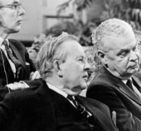 Former Prime Minister John Diefenbaker (right) sits with former Prime Minister Lester Pearson and former Progressive Conservative party leader Robert Stanfield in this 1969 file photo. The Canadian Press.