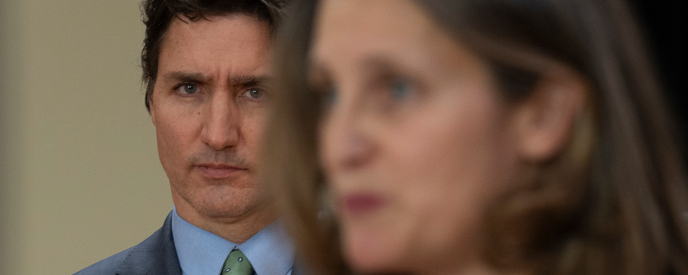Prime Minister Justin Trudeau looks on as Deputy Prime Minister and Finance Minister Chrystia Freeland speaks during a media availability, February 7, 2023 in Ottawa.  Adrian Wyld/The Canadian Press. 
