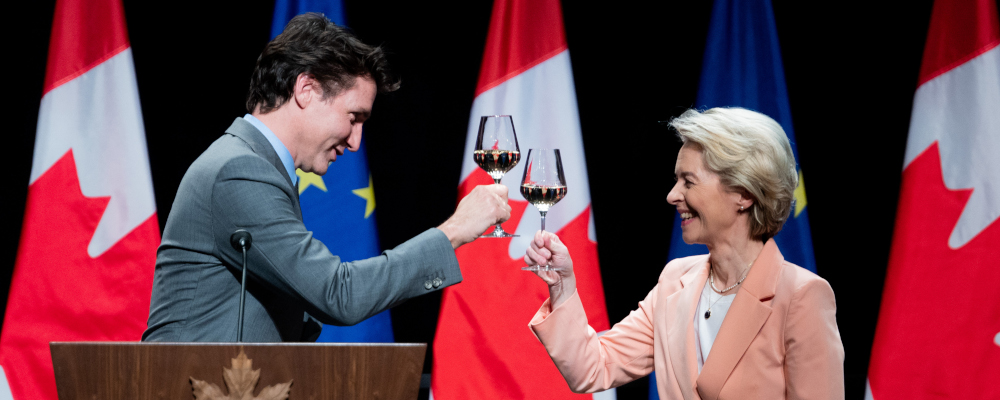 President of the European Commission, Ursula von der Leyen, and Prime Minister Justin Trudeau cheers as they take part in a reception at the Canadian War Museum in Ottawa, on Tuesday, March 7, 2023. Spencer Colby/The Canadian Press. 