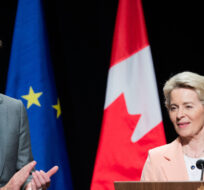 President of the European Commission, Ursula von der Leyen, and Prime Minister Justin Trudeau take part in a reception at the Canadian War Museum in Ottawa, on Tuesday, March 7, 2023. Spencer Colby/The Canadian Press.