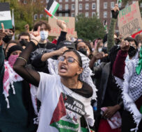 Palestinian supporters gather for a protest at Columbia University, Thursday, Oct. 12, 2023, in New York. Yuki Iwamura/AP Photo. 