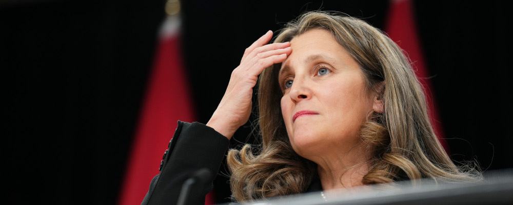 Deputy Prime Minister and Minister of Finance Chrystia Freeland holds a press conference in Ottawa on Tuesday, Oct. 31, 2023. Sean Kilpatrick/The Canadian Press. 