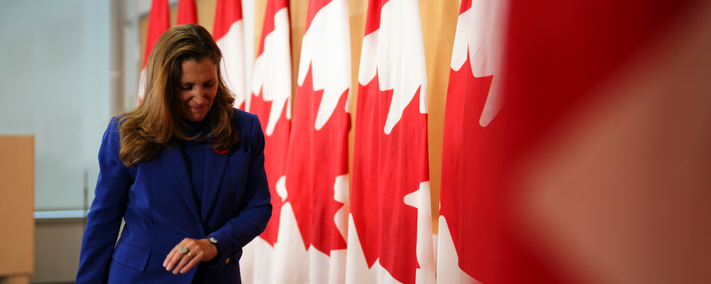 Deputy Prime Minister and Minister of Finance Chrystia Freeland holds a press conference in Ottawa on Friday, Nov. 3, 2023. Sean Kilpatrick/The Canadian Press.