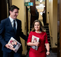 Prime Minister Justin Trudeau, left, and Deputy Prime Minister and Minister of Finance Chrystia Freeland make their way to the House of Commons to present the Fall Economic Statement on Parliament Hill in Ottawa, on Tuesday, Nov. 21, 2023. Spencer Colby/The Canadian Press.