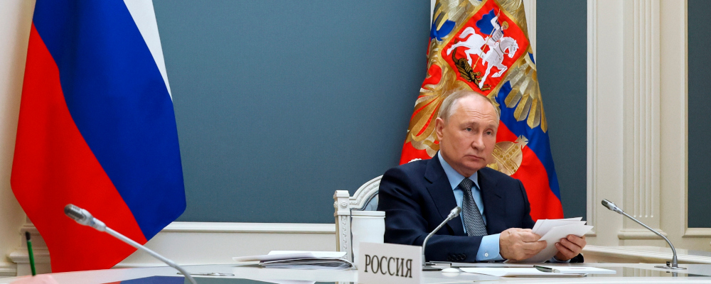Russian President Vladimir Putin participates in an extraordinary G20 summit via videoconference in Moscow, Russia, Wednesday, Nov. 22, 2023. Mikhail Klimentyev, Sputnik, Kremlin Pool Photo via AP.