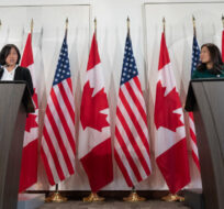 Minister of Economic Development, Minister of International Trade and Minister of Small Business and Export Promotion Mary Ng, right, and United States Trade Representative Katherine Tai speak during a joint news conference in Ottawa, Thursday, May 5, 2022. Adrian Wyld/The Canadian Press. 