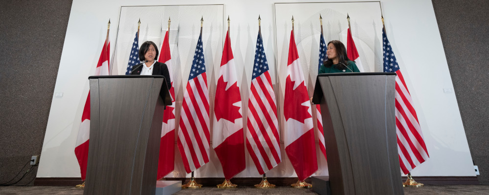 Minister of Economic Development, Minister of International Trade and Minister of Small Business and Export Promotion Mary Ng, right, and United States Trade Representative Katherine Tai speak during a joint news conference in Ottawa, Thursday, May 5, 2022. Adrian Wyld/The Canadian Press. 