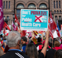 People protest against the Ontario health care system at Queen’s Park in Toronto on Monday, September 25, 2023. Nathan Denette/The Canadian Press. 