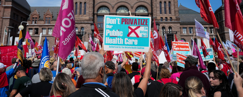 People protest against the Ontario health care system at Queen’s Park in Toronto on Monday, September 25, 2023. Nathan Denette/The Canadian Press. 