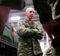 Chief of the Defence Staff Gen. Wayne Eyre talks to his troops as he takes part in an announcement in Petawawa, Ont., on Thursday, Oct. 19, 2023. Sean Kilpatrick/The Canadian Press. 