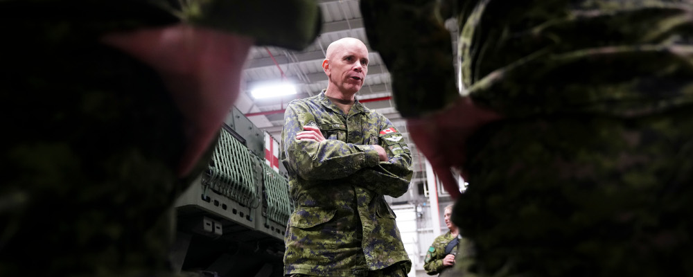 Chief of the Defence Staff Gen. Wayne Eyre talks to his troops as he takes part in an announcement in Petawawa, Ont., on Thursday, Oct. 19, 2023. Sean Kilpatrick/The Canadian Press. 