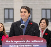 Prime Minister Justin Trudeau, centre, makes a housing announcement with Quebec Premier Francois Legault, left, and Minister of Housing, Infrastructure and Communities, Sean Fraser (right) in Longueuil, Que., Thursday Nov. 9, 2023. Christinne Muschi/The Canadian Press. 