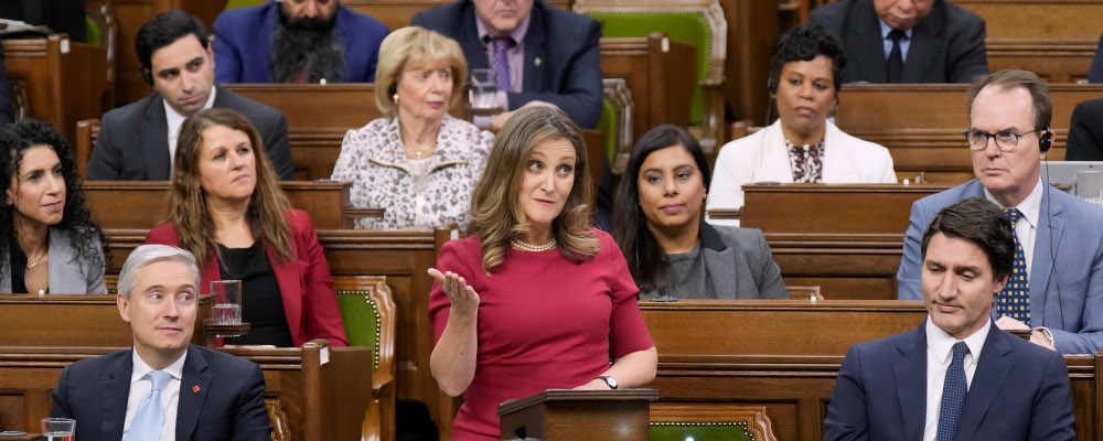 Minister of Finance Chrystia Freeland delivers the 2023 Fall Economic Statement in the House of Commons, Tuesday, November 21, 2023 in Ottawa. Adrian Wyld/The Canadian Press. 