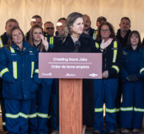 Deputy Prime Minister Chrystia Freeland speaks at the Dow Chemical announcement, that will finalized plans to construct the world's first net-zero carbon emissions ethylene and derivatives complex, in Alberta, on Wednesday November 29, 2023. Jason Franson/Teh Canadian Press.
