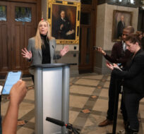 Canadian Heritage Minister Pascale St-Onge speaks with reporters about the online news act, Friday, December 15, 2023 in Ottawa. Adrian Wyld/The Canadian Press. 