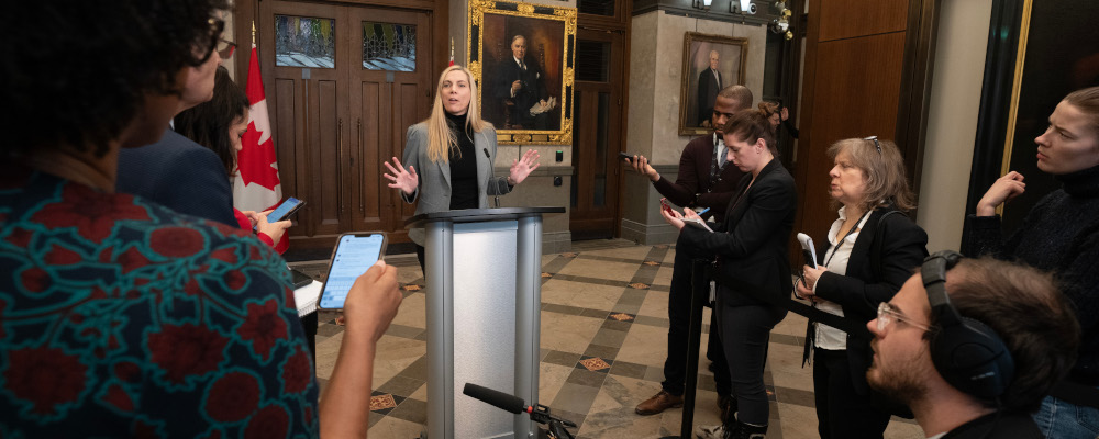 Canadian Heritage Minister Pascale St-Onge speaks with reporters about the online news act, Friday, December 15, 2023 in Ottawa. Adrian Wyld/The Canadian Press. 