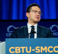 Conservative Party Leader Pierre Poilievre speaks at Canada's Building Trades Unions (CBTU) conference in Gatineau, Que., Tuesday, May 9, 2023. Spencer Colby/The Canadian Press. 