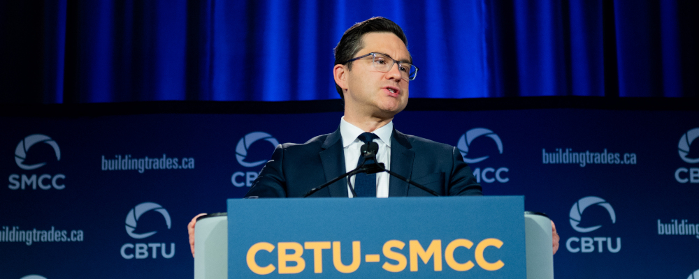 Conservative Party Leader Pierre Poilievre speaks at Canada's Building Trades Unions (CBTU) conference in Gatineau, Que., Tuesday, May 9, 2023. Spencer Colby/The Canadian Press. 