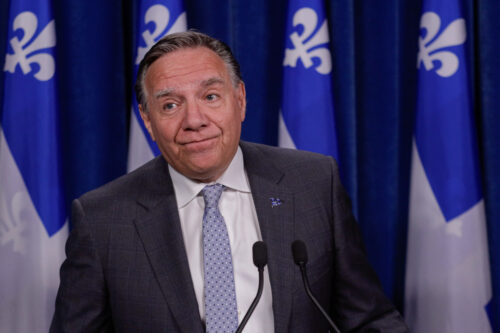 Quebec Premier Francois Legault listens to a question by a member of the media on Wednesday, August 23, 2023, at the legislature in Quebec City. Francis Vachon/THE CANADIAN PRESS