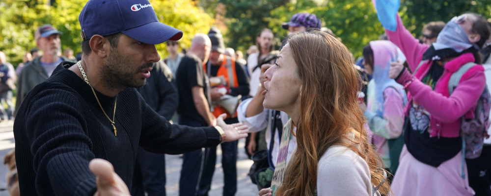 A protester opposed to gender diversity in schools exchanges views with pro-trans rights counter demonstrator, during a protest in Toronto, Wednesday, Sept. 20, 2023. Chris Young/The Canadian Press. 