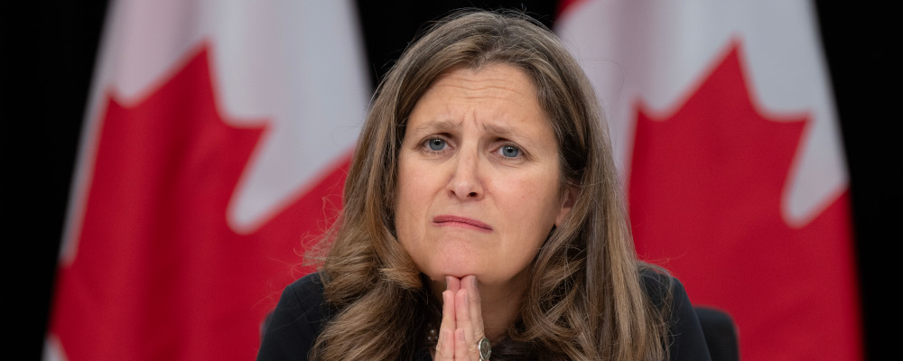 Deputy Prime Minister and Minister of Finance Chrystia Freeland listens to a question during a news conference Tuesday, October 24, 2023 in Ottawa. Adrian Wyld/The Canadian Press. 