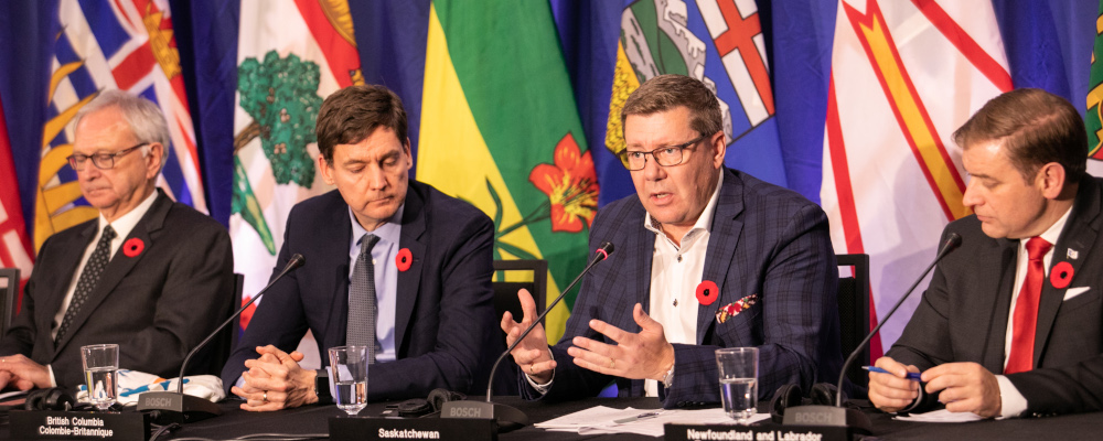 Scott Moe, second from right, Premier of Saskatchewan, speaks during a press conference at the meeting of the Council of the Federation in Halifax, Monday, Nov. 6, 2023. Kelly Clark/The Canadian Press. 