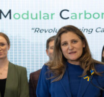 Deputy Prime Minister Chrystia Freeland makes an investment announcement with Entropy, a carbon capture and sequestration company in Calgary on Wednesday, December 20, 2023. Todd Korol/The Canadian Press.