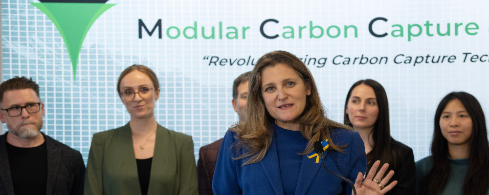 Deputy Prime Minister Chrystia Freeland makes an investment announcement with Entropy, a carbon capture and sequestration company in Calgary on Wednesday, December 20, 2023. Todd Korol/The Canadian Press.