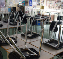 A empty classroom is pictured at Eric Hamber Secondary school in Vancouver, B.C. Monday, March 23, 2020. Jonathan Hayward/The Canadian Press. 
