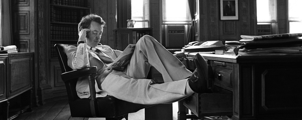 Opposition Leader Joe Clark relaxes in his historic Parliament Hill office in Ottawa on Wednesday, December 29, 1976. Ron Poling/The Canadian Press. 
