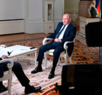 Russian President Vladimir Putin speaks to NBC News journalist Keir Simmons in an interview aired on Monday, June 14, 2021 Maxim Blinov, Sputnik, Kremlin Pool Photo via AP.